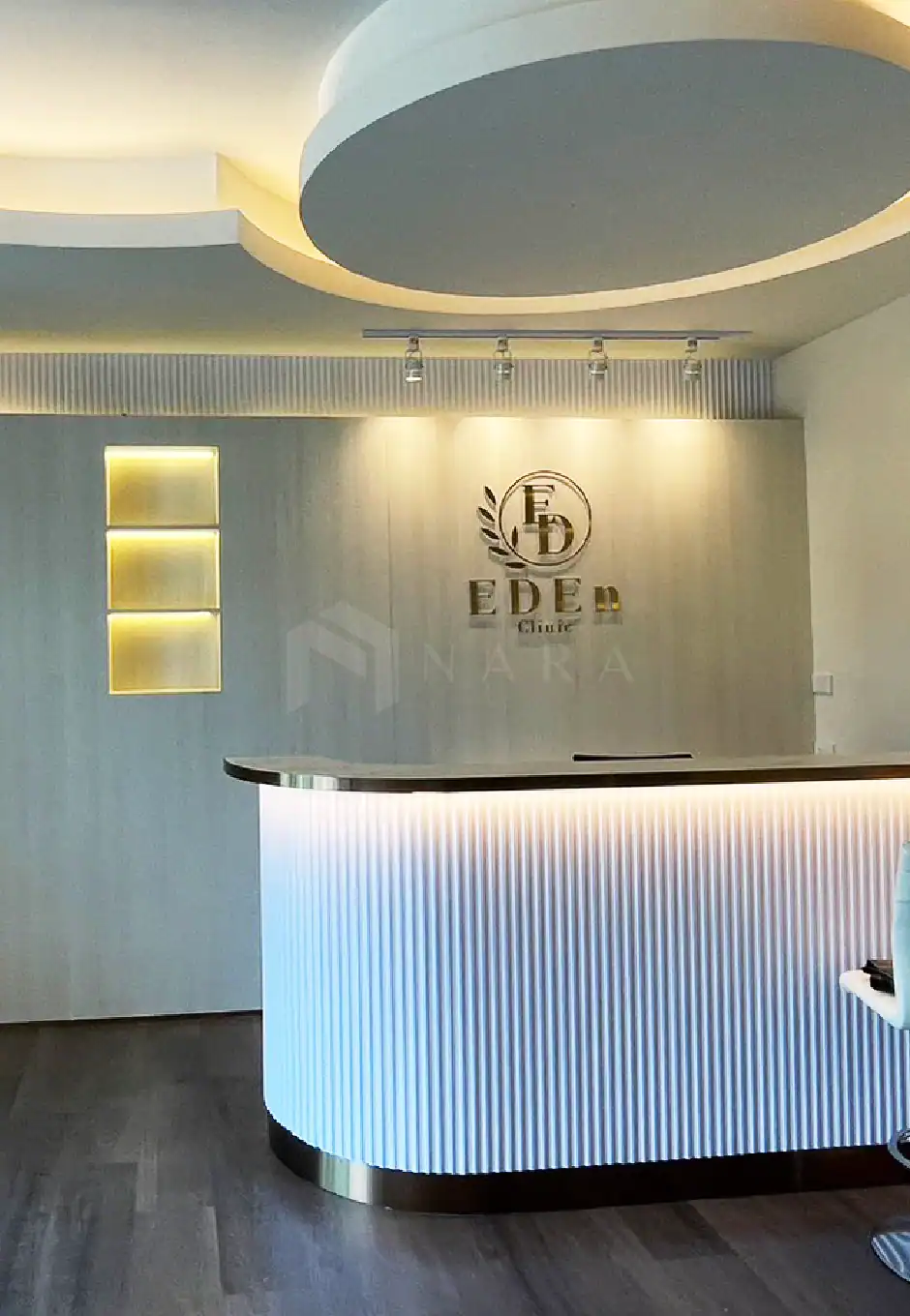 1. Elegant gold-colored stainless steel trims and accents used in modern reception area decor, enhancing luxury and aesthetic appeal.