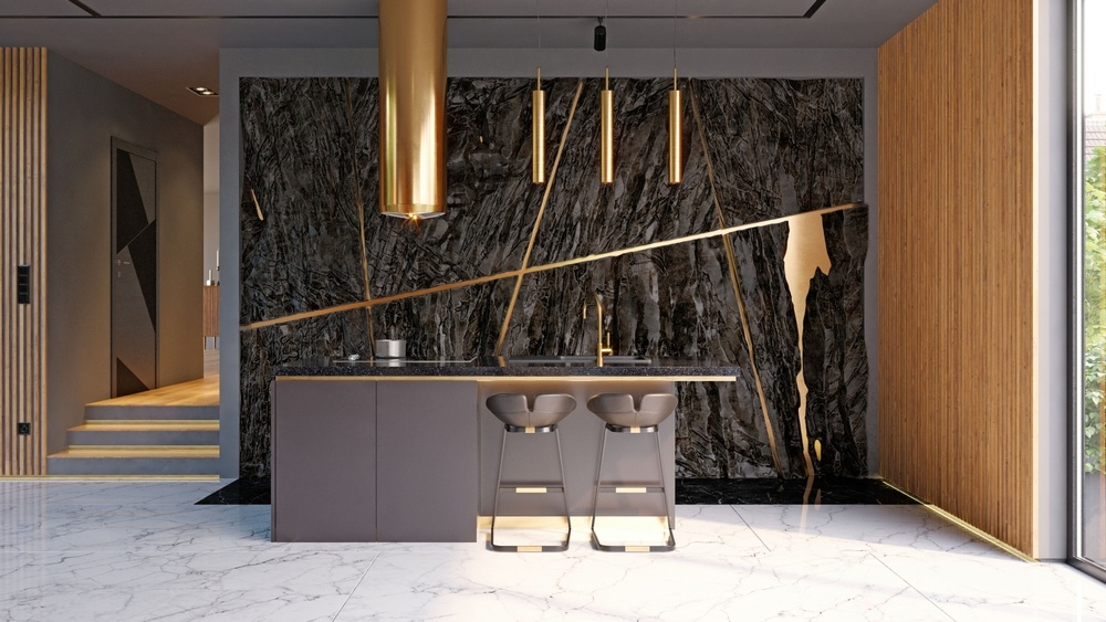 ห้องครัวโมเดิร์นที่ตกแต่งด้วยสแตนเลสสีทอง