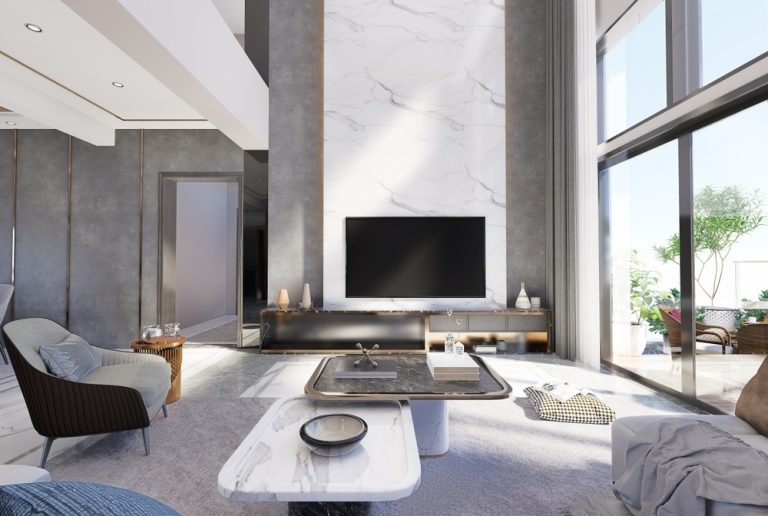 ห้องนั่งเล่นที่ตกแต่งด้วยกรุยเชิงสแตนเลสโรสโกลด์