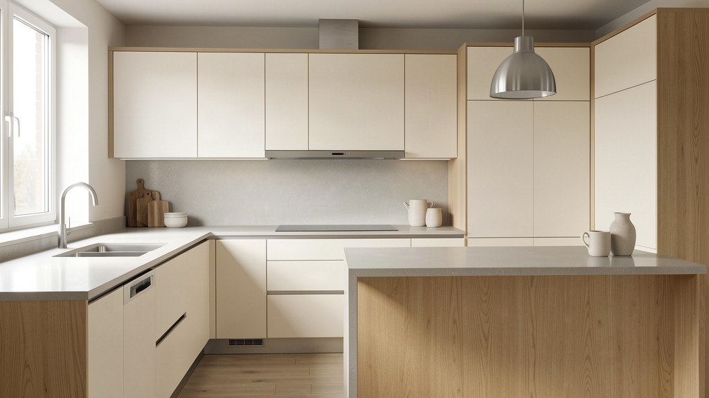 Contemporary kitchen featuring gold-colored stainless steel trims and fixtures, minimalist white cabinetry, and a spacious layout for practical use.